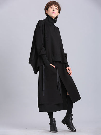 xakxx Raised Bands Split-Joint Asymmetric Black Empire Skirt