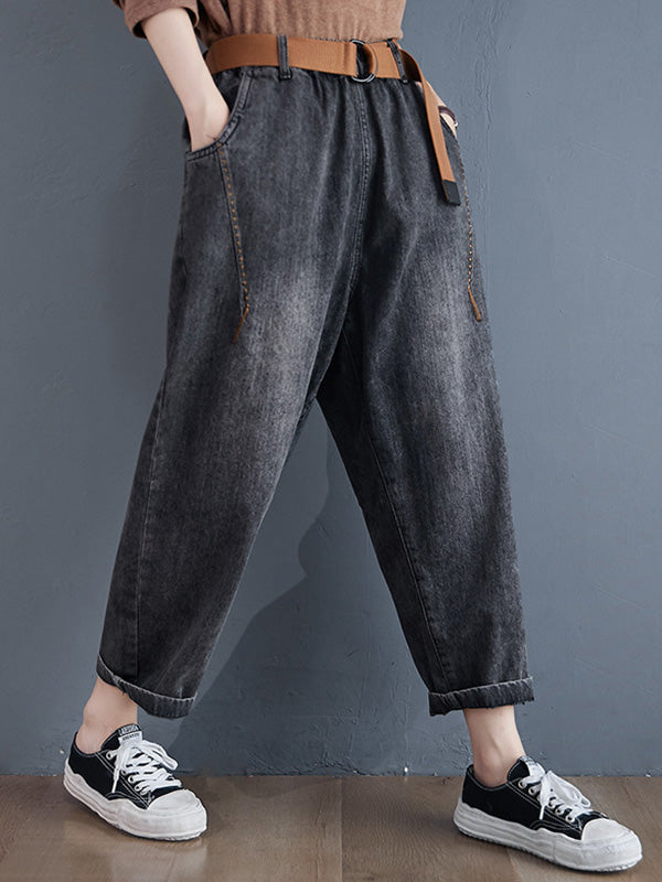 xakxx Artistic Retro Loose Velvet Elasticity Belted Jean Pants