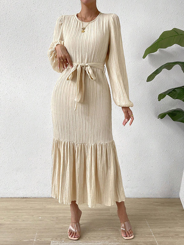 xakxx A-line Long Sleeves Elasticity Pleated Solid Color Split-Joint Tied Waist Round-neck Midi Dresses