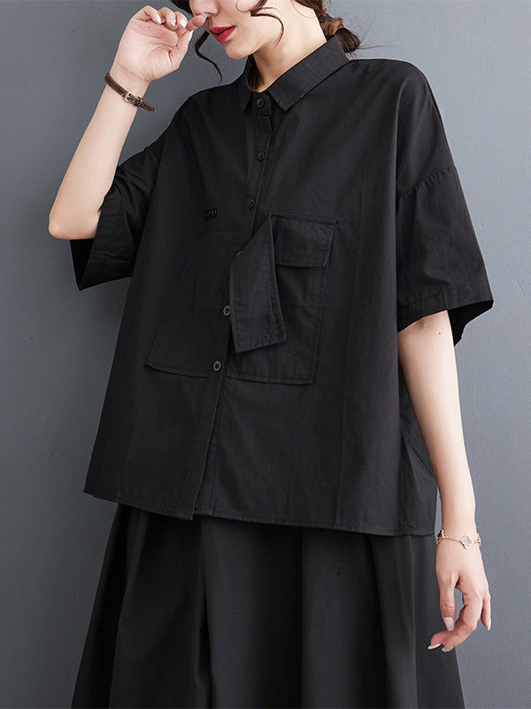 xakxx Loose Short Sleeves Solid Color Split-Joint Blouses