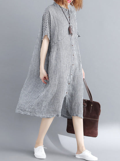 xakxx Artistic Retro Loose Split-Joint Plaid Buttoned Stand Collar Half Sleeves Midi Dress