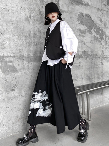 xakxx Original Loose Lace-Up Hollow Sleeve Blouse+Black Vest+Wide Leg Pants Culotte Three Pieces Set