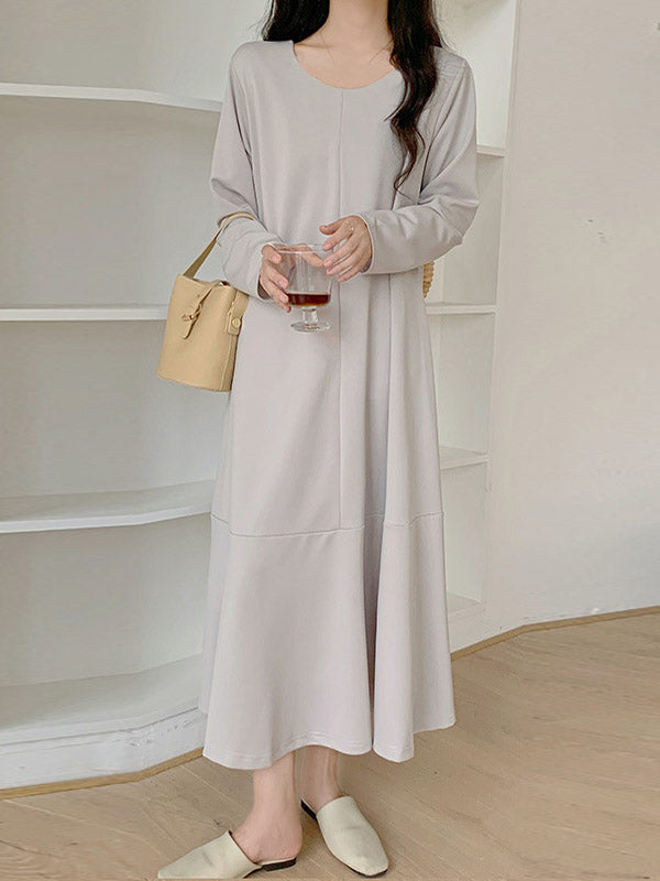 xakxx A-Line Long Sleeves Hollow Solid Color V-Neck Midi Dresses