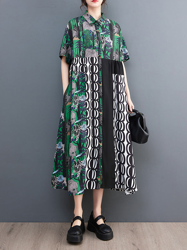 xakxx Short Sleeves Loose Printed Split-Joint Lapel Midi Dresses Shirt Dress