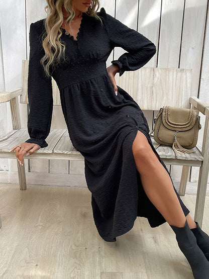 xakxx A-Line Long Sleeves Buttoned Elasticity Solid Color Split-Side V-Neck Midi Dresses