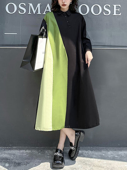 xakxx Long Sleeves Loose Asymmetric Buttoned Contrast Color Split-Joint Lapel Midi Dresses Shirt Dress