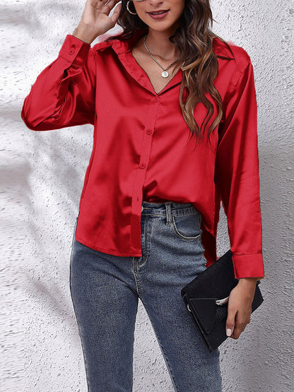 xakxx Long Sleeves Loose Solid Color Lapel Blouses&Shirts Tops