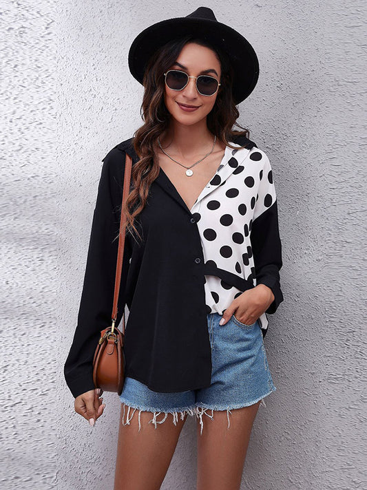 xakxx Casual Loose Long Sleeves Buttoned Contrast Color Polka-Dot Lapel Collar Blouses&Shirts Tops