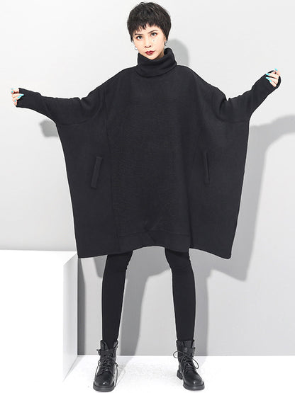 xakxx Super Loose Black High-Neck Knitting Batwing Sleeves Sweater Dress