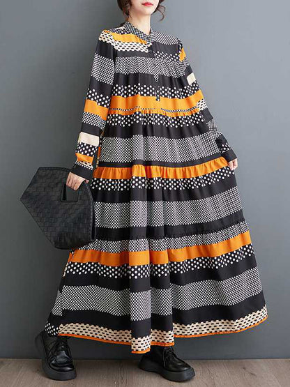 xakxx A-Line Long Sleeves Buttoned Polka-Dot Split-Joint Round-Neck Midi Dresses