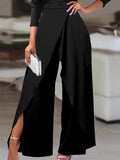 xakxx Solid Color One-Shoulder Long Sleeves T-Shirt + High-Waisted Wide Leg Pants Trousers Two Pieces Set