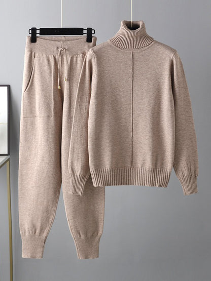 xakxx Casual Solid Long Sleeves High-Neck Sweater Tops & Drawstring Wide Leg Pants Suits