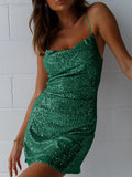 xakxx Skinny Sleeveless Back Cross Sequined Solid Color Spaghetti-Neck Mini Dresses