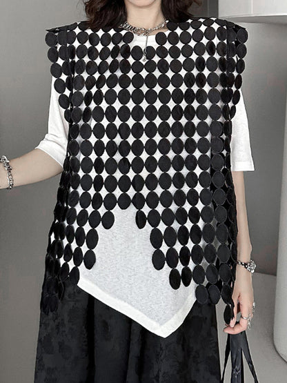 xakxx Irregular Clipping Loose Hollow Solid Color Split-Joint Round-Neck Vest Top