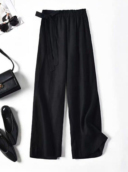 xakxx Simple Ramie Cotton Solid Color Loose Ninth Wide-Leg Pants