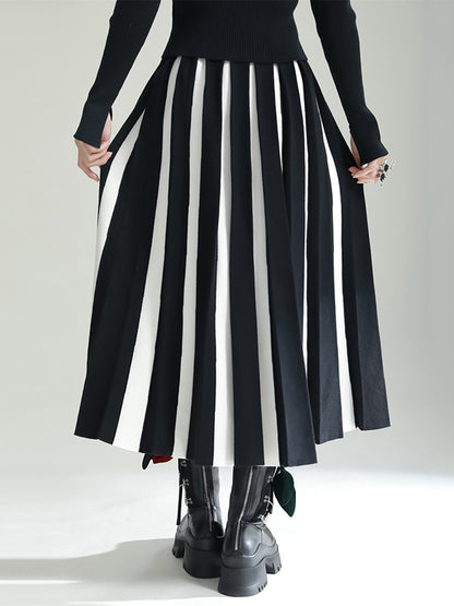 xakxx Original Creation Loose A-Line Contrast Color Striped Skirts Bottoms