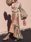 xakxx Split-Joint Striped Puff Sleeves Round-Neck Shirt + High-Low Skirt Two Pieces Set