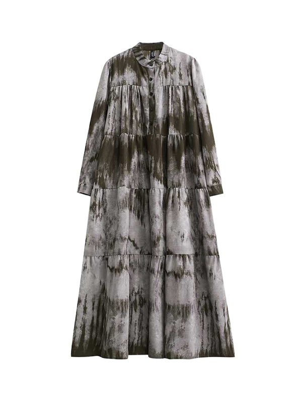 xakxx A-Line Long Sleeves Pleated Printed Split-Joint Stand Collar Midi Dresses