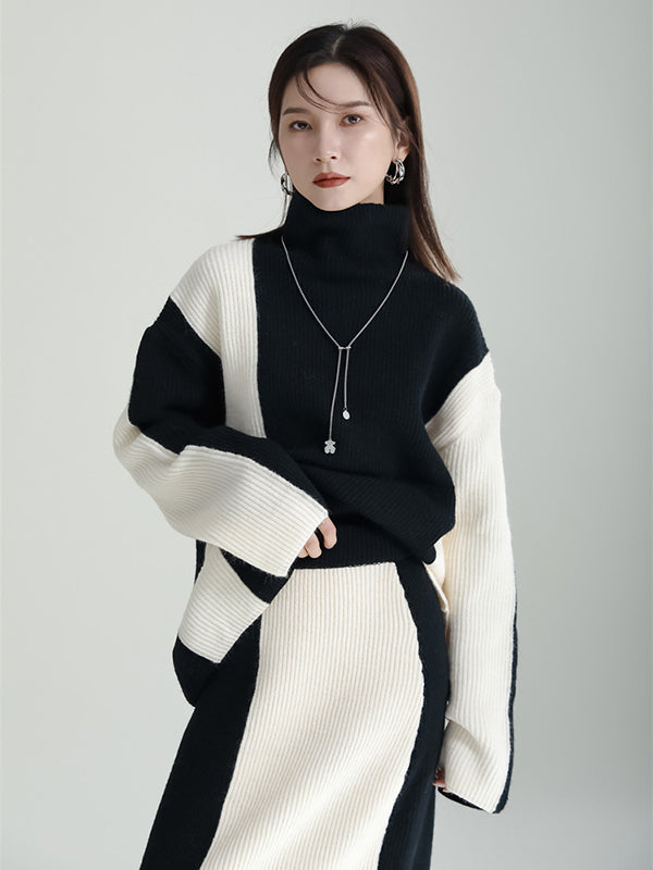 xakxx Casual Loose Long Sleeves Contrast Color High-Neck Sweater Top&Skirt Two Pieces Set