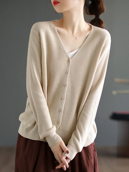 xakxx Long Sleeves Loose Solid Color V-Neck Cardigan Tops