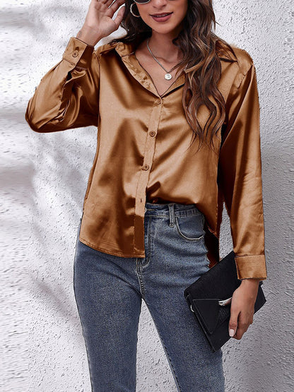 xakxx Long Sleeves Loose Solid Color Lapel Blouses&Shirts Tops