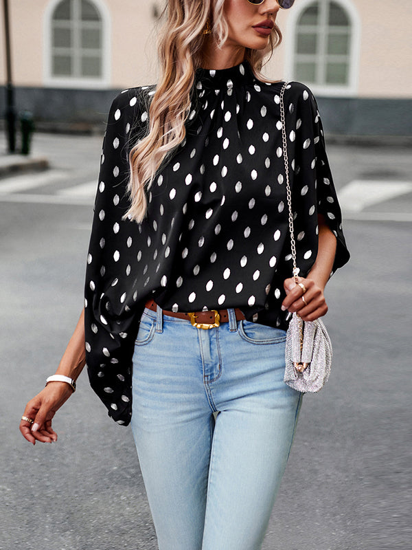 xakxx Loose Bandage Polka Dot Round-Neck Blouses&Shirts Tops