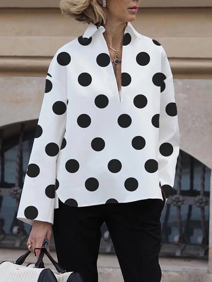 xakxx Long Sleeves Loose Polka-Dot Lapel Collar Blouses&Shirts Tops