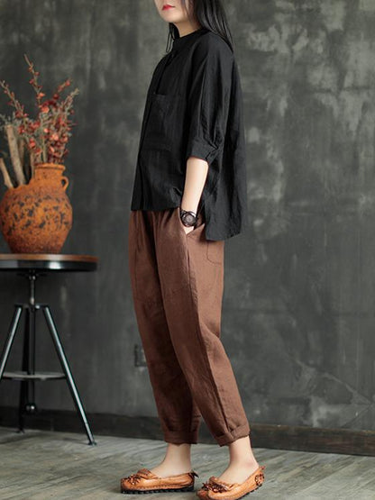 xakxx Loose Elastic Waist Ramie Cotton Pants