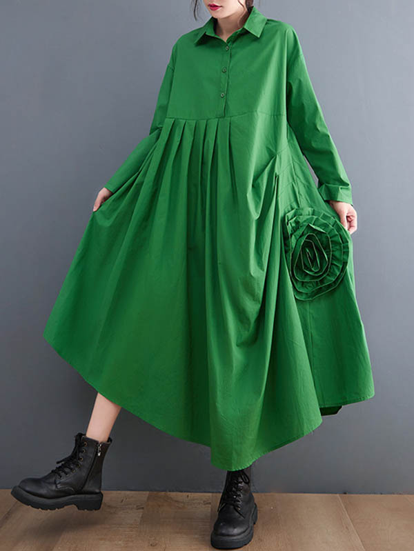 xakxx Urban Floral Applique Pleated Long Sleeves Shirt Dress Midi Dress