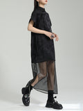 xakxx False Two Short Sleeves Gauze Jacquard Solid Color Stand Collar Long Cheongsams Midi Dresses