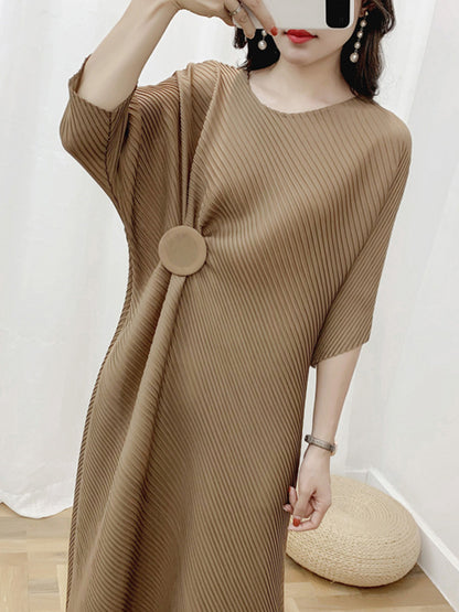 xakxx Half Sleeves Irregular Clipping Pleated Solid Color Round-Neck Midi Dresses