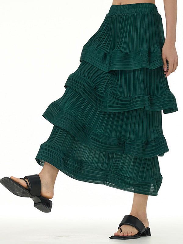 xakxx Loose Elasticity Layered Pleated Ruffled Solid Color Skirts Bottoms