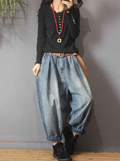 xakxx Vintage Denim Loose Elastic Waist Bloomers Pants