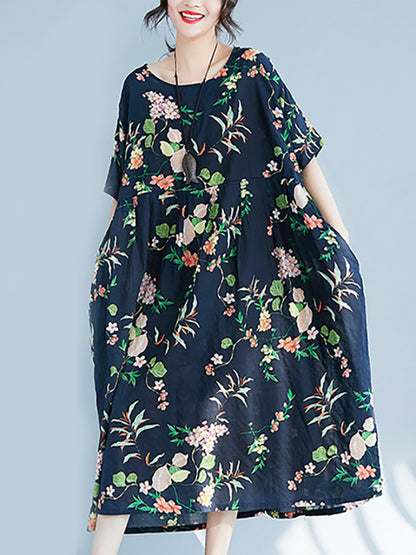 xakxx A-Line Loose Flower Print Round-Neck Midi Dresses