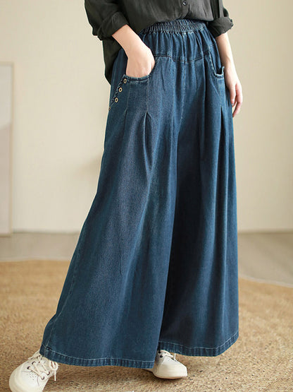 xakxx Loose Wide Pants Elasticity Pleated Flared Trousers Jean Pants Bottoms