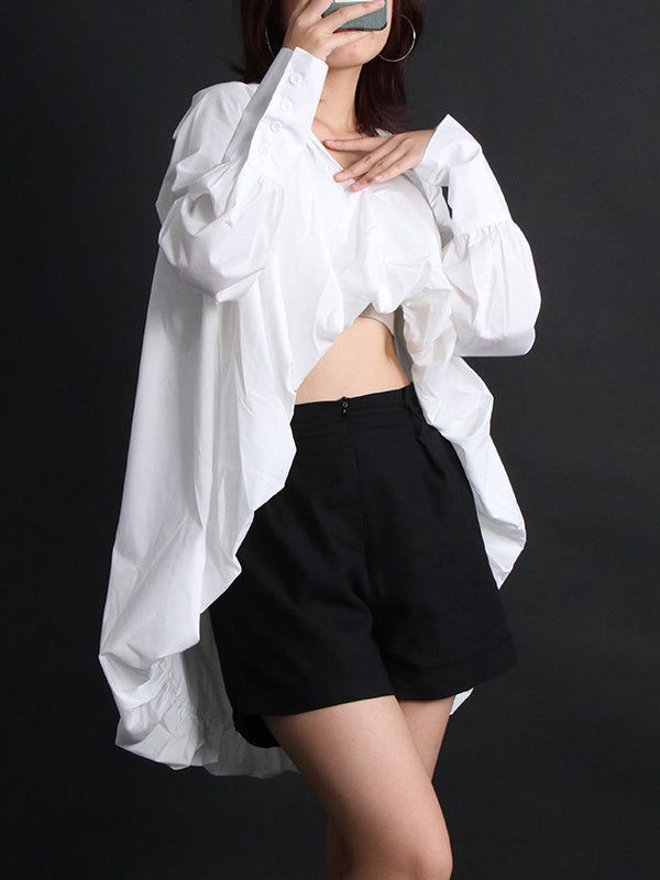 xakxx High-Low Puff Sleeves Solid Color V-Neck Blouses&Shirts Tops