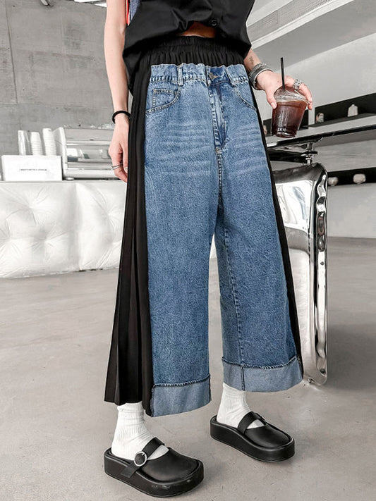 xakxx Loose Ninth Pants Contrast Color Pleated Split-Joint Wide Leg Jean Pants Bottoms