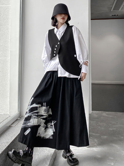 xakxx Original Loose Lace-Up Hollow Sleeve Blouse+Black Vest+Wide Leg Pants Culotte Three Pieces Set