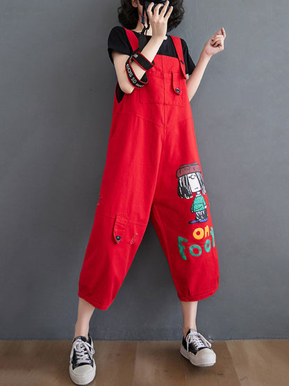 xakxx Original Cartoon Printed Puff Denim Overalls