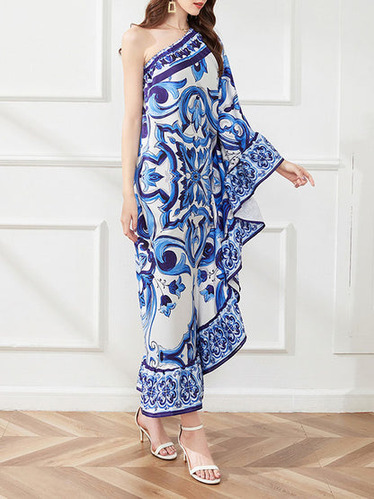 xakxx Batwing Sleeves Loose Asymmetric Falbala Floral Printed One-shoulder Midi Dresses