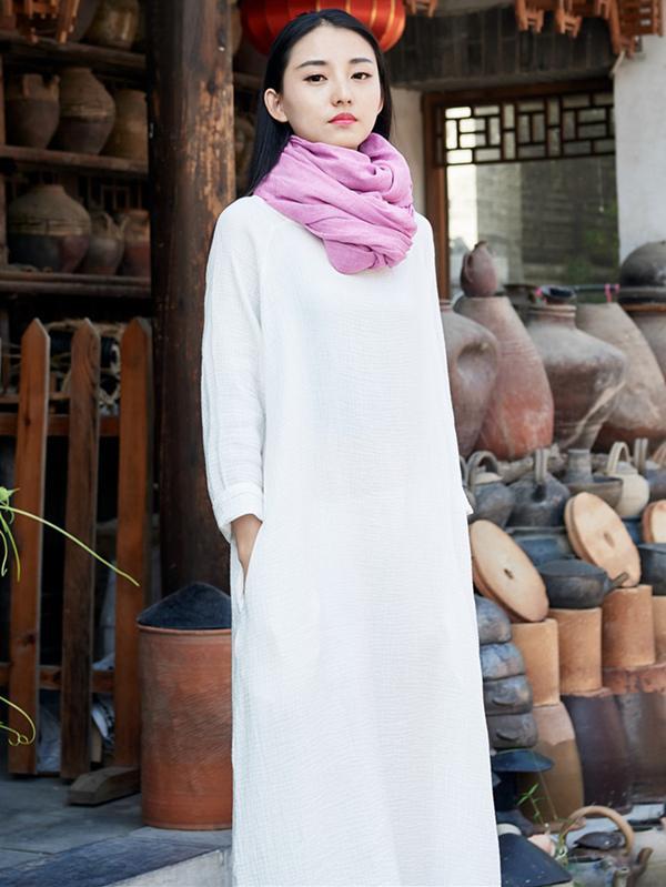 xakxx Soft White Long Sleeves Ramie Cotton Long Dress