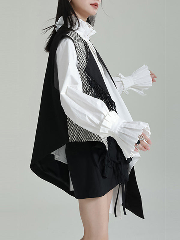 xakxx Ruffle Sleeves Sleeveless Asymmetric Buttoned Houndstooth Vest Outerwear