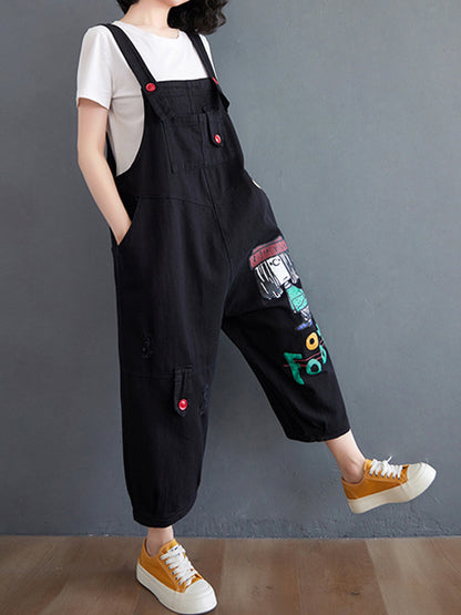 xakxx Original Cartoon Printed Puff Denim Overalls