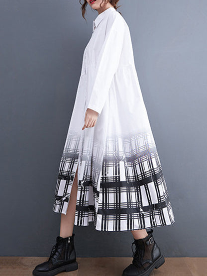 xakxx A-Line Long Sleeves Buttoned Gradient Plaid Lapel Midi Dresses