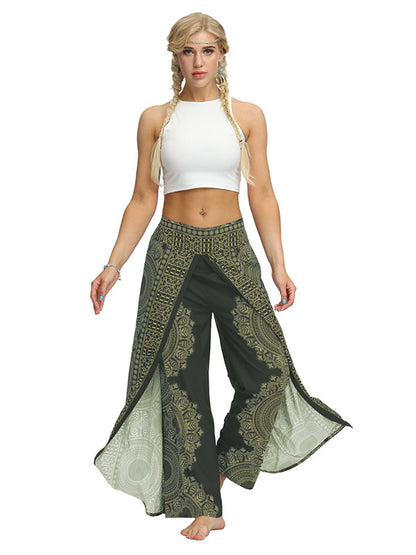 xakxx Ethnic Printed Split-Joint Loose Casual Wide-Leg Yoga Pants