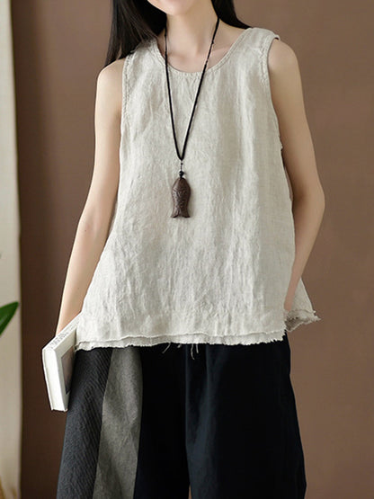 xakxx Loose Sleeveless Fringed Solid Color Round-Neck Vest Top