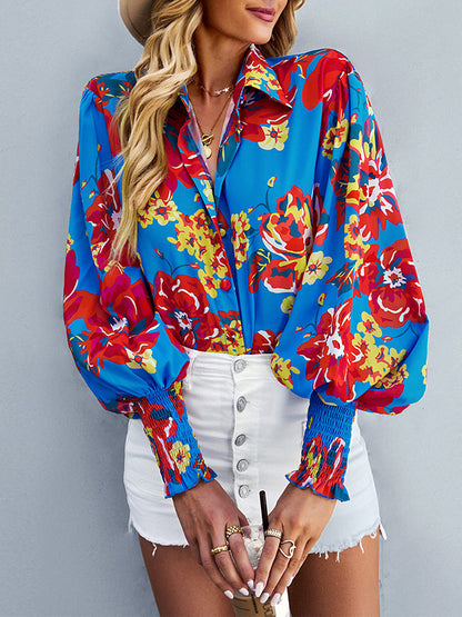 xakxx Long Sleeves Loose Buttoned Elasticity Flower Print Lapel Blouses&Shirts Tops