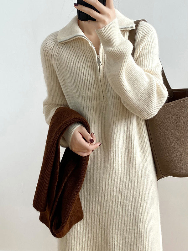 xakxx Casual Loose Long Sleeves Solid Color Zipper High-Neck Sweater Dresses