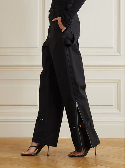 xakxx Fashion Solid Zip-Detailed Wide Leg Pants