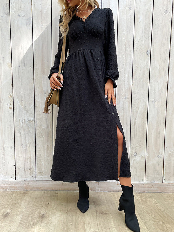 xakxx A-Line Long Sleeves Buttoned Elasticity Solid Color Split-Side V-Neck Midi Dresses